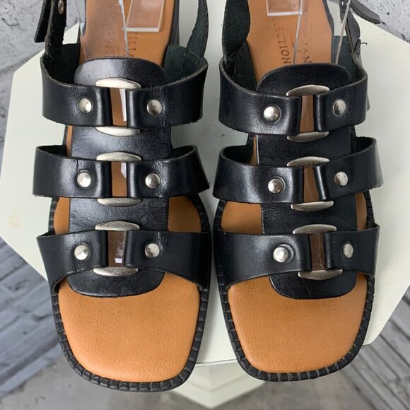 Vintage 90s Fishermans Sandals Black Leather Square Toe Low Block Heel - Picture 6 of 11